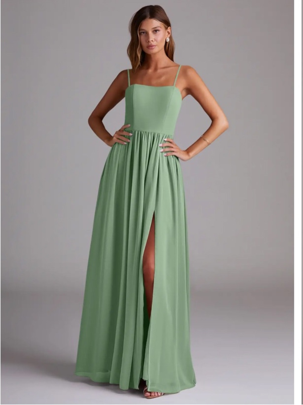 Elegant Chiffon Matcha Green halter neck Maxi Dress